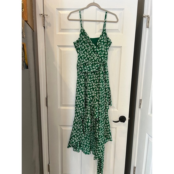 Eliza J Midi Dress Green White Floral Polyester Wrap Ruffle High Low 12  Romantic